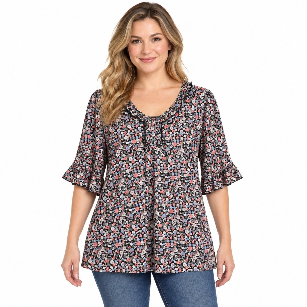 Plus Size Floral Ruffle Bell Sleeve Blouse Top Medium